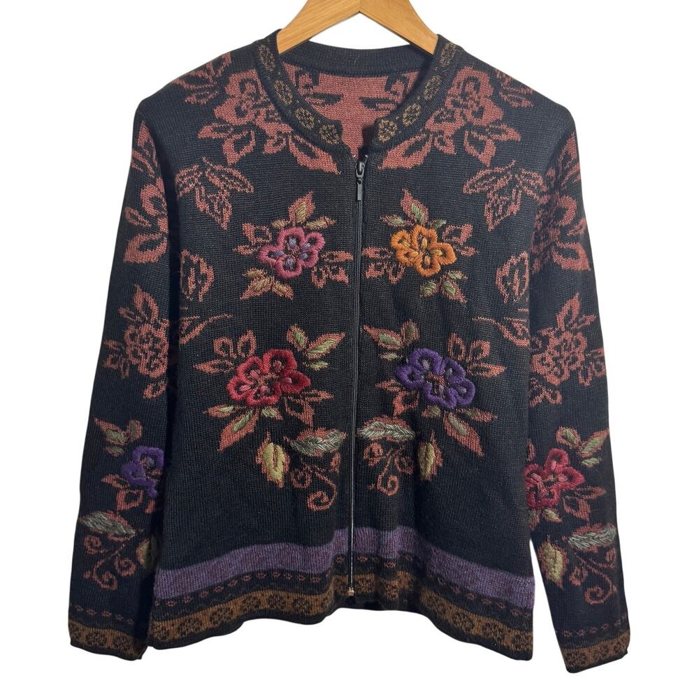Womens M Black Floral Embroidery Full Zip Grannycore Modest Old Money Dark Prep